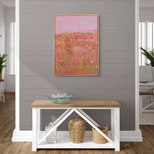 "Stillness" by Steven McHugh  Image: Room view,  "Stillness" painting is an original mixed media horizon piece created with crayon, oil, and cold wax on a wood panel. This stunning piece is framed in a gallery floating frame with a light wood finish and measures 30.25" x 22.25". The upper third of the painting features a breathtaking violet sky with fluffy clouds, while the lower two-thirds are adorned with a rich cranberry color and textured with blues, greens, and yellow. This captivating artwork exudes a sense of tranquility and serenity, making it the perfect addition to any art enthusiast's collection. The unique combination of mediums and striking color palette make "Stillness" a truly one-of-a-kind piece that is sure to captivate onlookers.

"Stillness" is an abstract painting with a dominant plum and red color palette. The top third of the painting features a lighter cranberry hue, suggesting a hazy sky or backdrop. Below, the canvas is textured with layers of reds, pinks, and accents of yellow and white, evocative of a field of flowers,  a natural landscape horizon in bloom. The use of color and texture creates a sense of depth and motion, while the overall effect is one of a dreamlike or impressionistic scene.