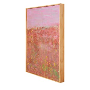 "Stillness" by Steven McHugh  Image: Side view of"Stillness" painting,  is an original mixed media horizon piece created with crayon, oil, and cold wax on a wood panel. This stunning piece is framed in a gallery floating frame with a light wood finish and measures 30.25" x 22.25". The upper third of the painting features a breathtaking violet sky with fluffy clouds, while the lower two-thirds are adorned with a rich cranberry color and textured with blues, greens, and yellow. This captivating artwork exudes a sense of tranquility and serenity, making it the perfect addition to any art enthusiast's collection. The unique combination of mediums and striking color palette make "Stillness" a truly one-of-a-kind piece that is sure to captivate onlookers.

"Stillness" is an abstract painting with a dominant plum and red color palette. The top third of the painting features a lighter cranberry hue, suggesting a hazy sky or backdrop. Below, the canvas is textured with layers of reds, pinks, and accents of yellow and white, evocative of a field of flowers,  a natural landscape horizon in bloom. The use of color and texture creates a sense of depth and motion, while the overall effect is one of a dreamlike or impressionistic scene.