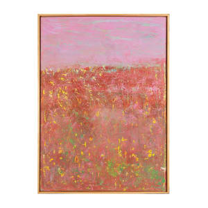 "Stillness" by Steven McHugh  Image: The "Stillness" painting is an original mixed media horizon piece created with crayon, oil, and cold wax on a wood panel. This stunning piece is framed in a gallery floating frame with a light wood finish and measures 30.25" x 22.25". The upper third of the painting features a breathtaking violet sky with fluffy clouds, while the lower two-thirds are adorned with a rich cranberry color and textured with blues, greens, and yellow. This captivating artwork exudes a sense of tranquility and serenity, making it the perfect addition to any art enthusiast's collection. The unique combination of mediums and striking color palette make "Stillness" a truly one-of-a-kind piece that is sure to captivate onlookers.

"Stillness" is an abstract painting with a dominant plum and red color palette. The top third of the painting features a lighter cranberry hue, suggesting a hazy sky or backdrop. Below, the canvas is textured with layers of reds, pinks, and accents of yellow and white, evocative of a field of flowers,  a natural landscape horizon in bloom. The use of color and texture creates a sense of depth and motion, while the overall effect is one of a dreamlike or impressionistic scene.