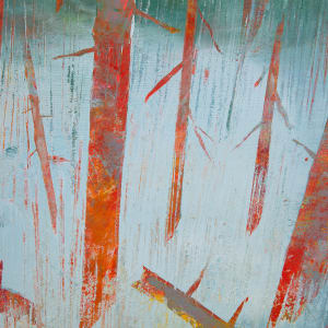 "Whispers in the Morning" by Steven McHugh  Image: Detail view of "Whispers in the Morning," a mesmerizing abstract dreamy landscape created by the talented artist Steve McHugh. The painting, measuring 21.75" x 29.75", is a unique mixed media on wood panel that effortlessly blends elements of nature and imagination. The upper half of the piece features a lush green textured tree background with striking vertical tree forms in shades of orange and red, creating a sense of warmth and depth. In contrast, the lower half of the painting portrays a tranquil and misty blue/gray area, with hints of grass and tree forms emerging from the fog. Piece is framed with a gallery floating frame of natural wood. This captivating artwork is a testament to McHugh's ability to evoke a sense of ethereal beauty and serenity in his creations. A truly stunning addition to any art collection.

The artwork is an abstract painting dominated by a palette of green, red, and orange hues. Thin, elongated forms of stylized representations of trees  stretch vertically across the canvas. The range of warm and cool tones creates a contrast that suggests depth and texture, giving the impression of dynamism and movement within a forested landscape. The background is mostly rendered in varying shades of green, giving a sense of foliage or canopy above, while the mark making is loose and expressive, adding to the abstract nature of the depiction.