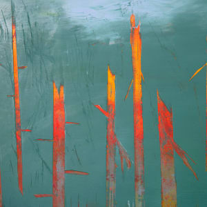 "Whispers in the Morning" by Steven McHugh  Image: Detail view of "Whispers in the Morning,"  a mesmerizing abstract dreamy landscape created by the talented artist Steve McHugh. The painting, measuring 21.75" x 29.75", is a unique mixed media on wood panel that effortlessly blends elements of nature and imagination. The upper half of the piece features a lush green textured tree background with striking vertical tree forms in shades of orange and red, creating a sense of warmth and depth. In contrast, the lower half of the painting portrays a tranquil and misty blue/gray area, with hints of grass and tree forms emerging from the fog. Piece is framed with a gallery floating frame of natural wood. This captivating artwork is a testament to McHugh's ability to evoke a sense of ethereal beauty and serenity in his creations. A truly stunning addition to any art collection.

The artwork is an abstract painting dominated by a palette of green, red, and orange hues. Thin, elongated forms of stylized representations of trees  stretch vertically across the canvas. The range of warm and cool tones creates a contrast that suggests depth and texture, giving the impression of dynamism and movement within a forested landscape. The background is mostly rendered in varying shades of green, giving a sense of foliage or canopy above, while the mark making is loose and expressive, adding to the abstract nature of the depiction.