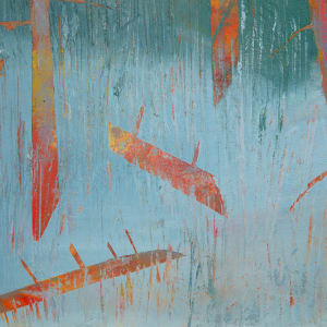 "Whispers in the Morning" by Steven McHugh  Image: Detail view of "Whispers in the Morning," a mesmerizing abstract dreamy landscape created by the talented artist Steve McHugh. The painting, measuring 21.75" x 29.75", is a unique mixed media on wood panel that effortlessly blends elements of nature and imagination. The upper half of the piece features a lush green textured tree background with striking vertical tree forms in shades of orange and red, creating a sense of warmth and depth. In contrast, the lower half of the painting portrays a tranquil and misty blue/gray area, with hints of grass and tree forms emerging from the fog. Piece is framed with a gallery floating frame of natural wood. This captivating artwork is a testament to McHugh's ability to evoke a sense of ethereal beauty and serenity in his creations. A truly stunning addition to any art collection.

The artwork is an abstract painting dominated by a palette of green, red, and orange hues. Thin, elongated forms of stylized representations of trees  stretch vertically across the canvas. The range of warm and cool tones creates a contrast that suggests depth and texture, giving the impression of dynamism and movement within a forested landscape. The background is mostly rendered in varying shades of green, giving a sense of foliage or canopy above, while the mark making is loose and expressive, adding to the abstract nature of the depiction.