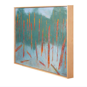 "Whispers in the Morning" by Steven McHugh  Image: Side view of "Whispers in the Morning," a mesmerizing abstract dreamy landscape created by the talented artist Steve McHugh. The painting, measuring 21.75" x 29.75", is a unique mixed media on wood panel that effortlessly blends elements of nature and imagination. The upper half of the piece features a lush green textured tree background with striking vertical tree forms in shades of orange and red, creating a sense of warmth and depth. In contrast, the lower half of the painting portrays a tranquil and misty blue/gray area, with hints of grass and tree forms emerging from the fog. Piece is framed with a gallery floating frame of natural wood. This captivating artwork is a testament to McHugh's ability to evoke a sense of ethereal beauty and serenity in his creations. A truly stunning addition to any art collection.

The artwork is an abstract painting dominated by a palette of green, red, and orange hues. Thin, elongated forms of stylized representations of trees  stretch vertically across the canvas. The range of warm and cool tones creates a contrast that suggests depth and texture, giving the impression of dynamism and movement within a forested landscape. The background is mostly rendered in varying shades of green, giving a sense of foliage or canopy above, while the mark making is loose and expressive, adding to the abstract nature of the depiction.
