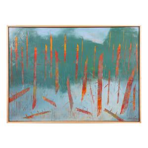 "Whispers in the Morning" by Steven McHugh  Image: "Whispers in the Morning" is a mesmerizing abstract dreamy landscape created by the talented artist Steve McHugh. The painting, measuring 21.75" x 29.75", is a unique mixed media on wood panel that effortlessly blends elements of nature and imagination. The upper half of the piece features a lush green textured tree background with striking vertical tree forms in shades of orange and red, creating a sense of warmth and depth. In contrast, the lower half of the painting portrays a tranquil and misty blue/gray area, with hints of grass and tree forms emerging from the fog. Piece is framed with a gallery floating frame of natural wood. This captivating artwork is a testament to McHugh's ability to evoke a sense of ethereal beauty and serenity in his creations. A truly stunning addition to any art collection.

The artwork is an abstract painting dominated by a palette of green, red, and orange hues. Thin, elongated forms of stylized representations of trees  stretch vertically across the canvas. The range of warm and cool tones creates a contrast that suggests depth and texture, giving the impression of dynamism and movement within a forested landscape. The background is mostly rendered in varying shades of green, giving a sense of foliage or canopy above, while the mark making is loose and expressive, adding to the abstract nature of the depiction.