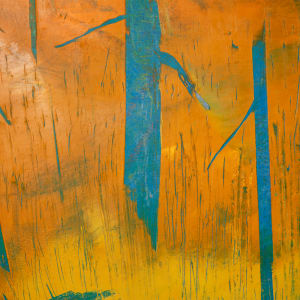 "Follow Me" by Steven McHugh  Image: Detail view of "Follow Me", a stunning and vibrant abstract landscape painting by Madeline Island artist Steve McHugh. This mesmerizing piece features warm tones of orange and yellow, with contrasting blues and greens for the tree trunks, and hints of red in the background. Measuring 22.25" x 30.5", this mixed media painting on wood panel is  framed in a natural wood gallery floating frame, making it ready to adorn your home or office space. "Follow Me" is sure to captivate and inspire with its unique blend of colors and textures, inviting viewers to immerse themselves in its captivating beauty. Add a touch of contemporary elegance and artistic flair to your surroundings with this one-of-a-kind masterpiece.

The painting is an abstract featuring a blend of warm colors with prominent yellow and orange tones, evoking a sense of a field or natural landscape at sunset or sunrise. There are vertical elements suggesting grasses and trees that have been stylized and simplified, contrasting with the warm background. These elements are primarily in shades of blue, creating a striking visual contrast with the background. Additionally, there are subtle lines and highlights of red and green throughout the piece, adding complexity and texture to the overall composition. 