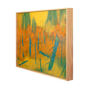 "Follow Me" by Steven McHugh  Image: Side view of  "Follow Me", a stunning and vibrant abstract landscape painting by Madeline Island artist Steve McHugh. This mesmerizing piece features warm tones of orange and yellow, with contrasting blues and greens for the tree trunks, and hints of red in the background. Measuring 22.25" x 30.5", this mixed media painting on wood panel is  framed in a natural wood gallery floating frame, making it ready to adorn your home or office space. "Follow Me" is sure to captivate and inspire with its unique blend of colors and textures, inviting viewers to immerse themselves in its captivating beauty. Add a touch of contemporary elegance and artistic flair to your surroundings with this one-of-a-kind masterpiece.

The painting is an abstract featuring a blend of warm colors with prominent yellow and orange tones, evoking a sense of a field or natural landscape at sunset or sunrise. There are vertical elements suggesting grasses and trees that have been stylized and simplified, contrasting with the warm background. These elements are primarily in shades of blue, creating a striking visual contrast with the background. Additionally, there are subtle lines and highlights of red and green throughout the piece, adding complexity and texture to the overall composition. 