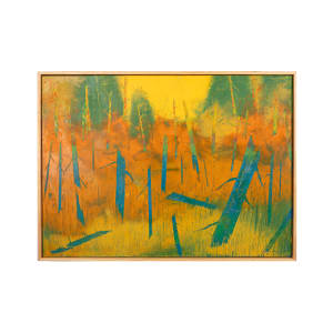 "Follow Me" by Steven McHugh  Image: "Follow Me", a stunning and vibrant abstract landscape painting by Madeline Island artist Steve McHugh. This mesmerizing piece features warm tones of orange and yellow, with contrasting blues and greens for the tree trunks, and hints of red in the background. Measuring 22.25" x 30.5", this mixed media painting on wood panel is  framed in a natural wood gallery floating frame, making it ready to adorn your home or office space. "Follow Me" is sure to captivate and inspire with its unique blend of colors and textures, inviting viewers to immerse themselves in its captivating beauty. Add a touch of contemporary elegance and artistic flair to your surroundings with this one-of-a-kind masterpiece.

The painting is an abstract featuring a blend of warm colors with prominent yellow and orange tones, evoking a sense of a field or natural landscape at sunset or sunrise. There are vertical elements suggesting grasses and trees that have been stylized and simplified, contrasting with the warm background. These elements are primarily in shades of blue, creating a striking visual contrast with the background. Additionally, there are subtle lines and highlights of red and green throughout the piece, adding complexity and texture to the overall composition. 