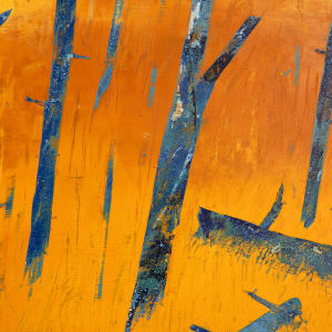"For You" by Steven McHugh  Image: Detail view of "For You," an original painting by the Madeline Island artist Steve McHugh. This abstract landscape masterpiece is created using oil and cold wax on a wood panel, and beautifully framed in a gallery floating frame. The warm orange and yellow background serves as a striking contrast to the vertical trees in blue textured hues. This stunning artwork is sure to captivate your attention and add a touch of elegance to any space. Whether you're an art enthusiast or simply looking for a unique piece to add to your collection, "For You" promises to be a remarkable addition to your home or office decor.

This artwork is a painting depicting an abstract forest scene. The background is a warm, glowing gradient of yellows and oranges, representing an illuminated or autumnal sky or atmosphere. The trees are rendered in bold, dark blue and black hues with angular, almost jagged shapes. The trees and their shadows create a sense of depth and movement, with diagonal lines cutting across the composition. The overall effect is both dynamic and serene, capturing the essence of nature through expressive color and form.

Painting is 10.75" x 30" and is ready to hang in your envirorment.  