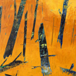 "For You" by Steven McHugh  Image: Detail view of "For You," an original painting by the Madeline Island artist Steve McHugh. This abstract landscape masterpiece is created using oil and cold wax on a wood panel, and beautifully framed in a gallery floating frame. The warm orange and yellow background serves as a striking contrast to the vertical trees in blue textured hues. This stunning artwork is sure to captivate your attention and add a touch of elegance to any space. Whether you're an art enthusiast or simply looking for a unique piece to add to your collection, "For You" promises to be a remarkable addition to your home or office decor.

This artwork is a painting depicting an abstract forest scene. The background is a warm, glowing gradient of yellows and oranges, representing an illuminated or autumnal sky or atmosphere. The trees are rendered in bold, dark blue and black hues with angular, almost jagged shapes. The trees and their shadows create a sense of depth and movement, with diagonal lines cutting across the composition. The overall effect is both dynamic and serene, capturing the essence of nature through expressive color and form.

Painting is 10.75" x 30" and is ready to hang in your envirorment.  
