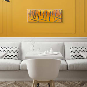 "For You" by Steven McHugh  Image: Room "For You," an original painting by the Madeline Island artist Steve McHugh. This abstract landscape masterpiece is created using oil and cold wax on a wood panel, and beautifully framed in a gallery floating frame. The warm orange and yellow background serves as a striking contrast to the vertical trees in blue textured hues. This stunning artwork is sure to captivate your attention and add a touch of elegance to any space. Whether you're an art enthusiast or simply looking for a unique piece to add to your collection, "For You" promises to be a remarkable addition to your home or office decor.

This artwork is a painting depicting an abstract forest scene. The background is a warm, glowing gradient of yellows and oranges, representing an illuminated or autumnal sky or atmosphere. The trees are rendered in bold, dark blue and black hues with angular, almost jagged shapes. The trees and their shadows create a sense of depth and movement, with diagonal lines cutting across the composition. The overall effect is both dynamic and serene, capturing the essence of nature through expressive color and form.

Painting is 10.75" x 30" and is ready to hang in your envirorment. 