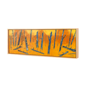 "For You" by Steven McHugh  Image: Side view of "For You," an original painting by the Madeline Island artist Steve McHugh. This abstract landscape masterpiece is created using oil and cold wax on a wood panel, and beautifully framed in a gallery floating frame. The warm orange and yellow background serves as a striking contrast to the vertical trees in blue textured hues. This stunning artwork is sure to captivate your attention and add a touch of elegance to any space. Whether you're an art enthusiast or simply looking for a unique piece to add to your collection, "For You" promises to be a remarkable addition to your home or office decor.

This artwork is a painting depicting an abstract forest scene. The background is a warm, glowing gradient of yellows and oranges, representing an illuminated or autumnal sky or atmosphere. The trees are rendered in bold, dark blue and black hues with angular, almost jagged shapes. The trees and their shadows create a sense of depth and movement, with diagonal lines cutting across the composition. The overall effect is both dynamic and serene, capturing the essence of nature through expressive color and form.

Painting is 10.75" x 30" and is ready to hang in your envirorment.  
