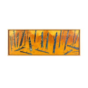 "For You" by Steven McHugh  Image: "For You," an original painting by the Madeline Island artist Steve McHugh. This abstract landscape masterpiece is created using oil and cold wax on a wood panel, and beautifully framed in a gallery floating frame. The warm orange and yellow background serves as a striking contrast to the vertical trees in blue textured hues. This stunning artwork is sure to captivate your attention and add a touch of elegance to any space. Whether you're an art enthusiast or simply looking for a unique piece to add to your collection, "For You" promises to be a remarkable addition to your home or office decor.

This artwork is a painting depicting an abstract forest scene. The background is a warm, glowing gradient of yellows and oranges, representing an illuminated or autumnal sky or atmosphere. The trees are rendered in bold, dark blue and black hues with angular, almost jagged shapes. The trees and their shadows create a sense of depth and movement, with diagonal lines cutting across the composition. The overall effect is both dynamic and serene, capturing the essence of nature through expressive color and form.

Painting is 10.75" x 30" and is ready to hang in your envirorment.  