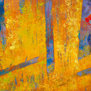 "Spring '24" by Steven McHugh  Image: Detail view of "Spring '24," a stunning piece of art that captures the essence of the changing seasons in a dramatic and complex color abstraction. This 16" x 20" oil and cold wax painting depicts a landscape with vibrant yellow and orange hues, complemented by vertical blue and red tree forms intertwined throughout the canvas. The piece is beautifully framed in a gallery floating frame, adding a touch of elegance to the overall presentation. Painter Steve McHugh has skillfully crafted this artwork based on one of his favorite areas on Madeline Island, making it a truly special and captivating addition to any art collection. With its intricate details and inviting ambiance, "Spring '24" is sure to become a focal point of any room and evoke a sense of natural beauty and tranquility.

The artwork is a vibrant painting that features an abstract landscape. The composition includes tall, vertical tree trunks rendered in vivid blue and purple hues, contrasted against a bright yellow foreground. The background transitions from yellow at the top to brown, suggesting a horizon or atmospheric depth. The use of bold colors and dynamic brushstrokes creates a lively and energetic scene, emphasizing the texture and contrast between the trees and their surroundings. The overall effect is striking, combining elements of abstraction with a natural theme.