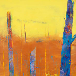 "Spring '24" by Steven McHugh  Image: Detail  view of "Spring '24," a stunning piece of art that captures the essence of the changing seasons in a dramatic and complex color abstraction. This 16" x 20" oil and cold wax painting depicts a landscape with vibrant yellow and orange hues, complemented by vertical blue and red tree forms intertwined throughout the canvas. The piece is beautifully framed in a gallery floating frame, adding a touch of elegance to the overall presentation. Painter Steve McHugh has skillfully crafted this artwork based on one of his favorite areas on Madeline Island, making it a truly special and captivating addition to any art collection. With its intricate details and inviting ambiance, "Spring '24" is sure to become a focal point of any room and evoke a sense of natural beauty and tranquility.

The artwork is a vibrant painting that features an abstract landscape. The composition includes tall, vertical tree trunks rendered in vivid blue and purple hues, contrasted against a bright yellow foreground. The background transitions from yellow at the top to brown, suggesting a horizon or atmospheric depth. The use of bold colors and dynamic brushstrokes creates a lively and energetic scene, emphasizing the texture and contrast between the trees and their surroundings. The overall effect is striking, combining elements of abstraction with a natural theme.