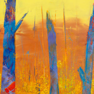 "Spring '24" by Steven McHugh  Image: Detail  view of "Spring '24," a stunning piece of art that captures the essence of the changing seasons in a dramatic and complex color abstraction. This 16" x 20" oil and cold wax painting depicts a landscape with vibrant yellow and orange hues, complemented by vertical blue and red tree forms intertwined throughout the canvas. The piece is beautifully framed in a gallery floating frame, adding a touch of elegance to the overall presentation. Painter Steve McHugh has skillfully crafted this artwork based on one of his favorite areas on Madeline Island, making it a truly special and captivating addition to any art collection. With its intricate details and inviting ambiance, "Spring '24" is sure to become a focal point of any room and evoke a sense of natural beauty and tranquility.

The artwork is a vibrant painting that features an abstract landscape. The composition includes tall, vertical tree trunks rendered in vivid blue and purple hues, contrasted against a bright yellow foreground. The background transitions from yellow at the top to brown, suggesting a horizon or atmospheric depth. The use of bold colors and dynamic brushstrokes creates a lively and energetic scene, emphasizing the texture and contrast between the trees and their surroundings. The overall effect is striking, combining elements of abstraction with a natural theme.
