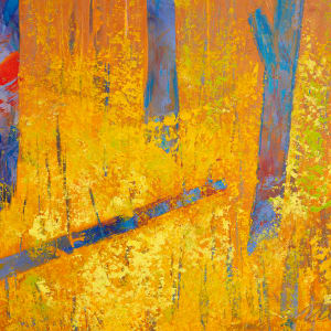 "Spring '24" by Steven McHugh  Image: Detail  view of "Spring '24," a stunning piece of art that captures the essence of the changing seasons in a dramatic and complex color abstraction. This 16" x 20" oil and cold wax painting depicts a landscape with vibrant yellow and orange hues, complemented by vertical blue and red tree forms intertwined throughout the canvas. The piece is beautifully framed in a gallery floating frame, adding a touch of elegance to the overall presentation. Painter Steve McHugh has skillfully crafted this artwork based on one of his favorite areas on Madeline Island, making it a truly special and captivating addition to any art collection. With its intricate details and inviting ambiance, "Spring '24" is sure to become a focal point of any room and evoke a sense of natural beauty and tranquility.

The artwork is a vibrant painting that features an abstract landscape. The composition includes tall, vertical tree trunks rendered in vivid blue and purple hues, contrasted against a bright yellow foreground. The background transitions from yellow at the top to brown, suggesting a horizon or atmospheric depth. The use of bold colors and dynamic brushstrokes creates a lively and energetic scene, emphasizing the texture and contrast between the trees and their surroundings. The overall effect is striking, combining elements of abstraction with a natural theme.