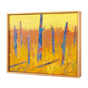 "Spring '24" by Steven McHugh  Image: Side view of "Spring '24," a stunning piece of art that captures the essence of the changing seasons in a dramatic and complex color abstraction. This 16" x 20" oil and cold wax painting depicts a landscape with vibrant yellow and orange hues, complemented by vertical blue and red tree forms intertwined throughout the canvas. The piece is beautifully framed in a gallery floating frame, adding a touch of elegance to the overall presentation. Painter Steve McHugh has skillfully crafted this artwork based on one of his favorite areas on Madeline Island, making it a truly special and captivating addition to any art collection. With its intricate details and inviting ambiance, "Spring '24" is sure to become a focal point of any room and evoke a sense of natural beauty and tranquility.

The artwork is a vibrant painting that features an abstract landscape. The composition includes tall, vertical tree trunks rendered in vivid blue and purple hues, contrasted against a bright yellow foreground. The background transitions from yellow at the top to brown, suggesting a horizon or atmospheric depth. The use of bold colors and dynamic brushstrokes creates a lively and energetic scene, emphasizing the texture and contrast between the trees and their surroundings. The overall effect is striking, combining elements of abstraction with a natural theme.