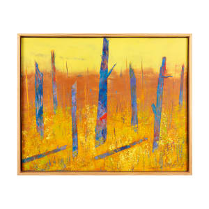 "Spring '24" by Steven McHugh  Image: "Spring '24," a stunning piece of art that captures the essence of the changing seasons in a dramatic and complex color abstraction. This 16" x 20" oil and cold wax painting depicts a landscape with vibrant yellow and orange hues, complemented by vertical blue and red tree forms intertwined throughout the canvas. The piece is beautifully framed in a gallery floating frame, adding a touch of elegance to the overall presentation. Painter Steve McHugh has skillfully crafted this artwork based on one of his favorite areas on Madeline Island, making it a truly special and captivating addition to any art collection. With its intricate details and inviting ambiance, "Spring '24" is sure to become a focal point of any room and evoke a sense of natural beauty and tranquility.

The artwork is a vibrant painting that features an abstract landscape. The composition includes tall, vertical tree trunks rendered in vivid blue and purple hues, contrasted against a bright yellow foreground. The background transitions from yellow at the top to brown, suggesting a horizon or atmospheric depth. The use of bold colors and dynamic brushstrokes creates a lively and energetic scene, emphasizing the texture and contrast between the trees and their surroundings. The overall effect is striking, combining elements of abstraction with a natural theme.