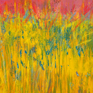 "Horizon #2" by Steven McHugh  Image: Detail  view of  "Horizon #2" by Steven McHugh, a mesmerizing abstract landscape that will add a dynamic touch to your art collection. This stunning piece features a vibrant combination of bold yellows and contrasting reds, creating a dramatic portrayal of the horizon. The use of crayon and mixed media on wood panel adds an intriguing texture to the artwork, while the gallery floating frame provides a sleek and modern presentation. Measuring at 20" x 16", this captivating painting is perfect for adding a bold statement to any room in your home or office. "Horizon #2" is a must-have for art enthusiasts looking for a unique and expressive addition to their collection.

This artwork showcases an abstract landscape with vibrant colors. The bottom two-thirds of the piece are dominated by a vivid yellow hue, which is interspersed with vertical streaks of green and hints of blue, suggesting a field of tall grass or vegetation. The upper portion transitions into a rich pink and red gradient sky, adding depth and contrast to the composition. The dynamic brushstrokes and bold use of color create a sense of movement and energy, evoking a lively and dynamic natural scene.