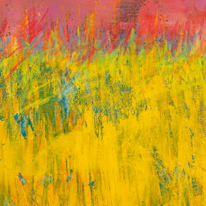"Horizon #2" by Steven McHugh  Image: Detail  view of  "Horizon #2" by Steven McHugh, a mesmerizing abstract landscape that will add a dynamic touch to your art collection. This stunning piece features a vibrant combination of bold yellows and contrasting reds, creating a dramatic portrayal of the horizon. The use of crayon and mixed media on wood panel adds an intriguing texture to the artwork, while the gallery floating frame provides a sleek and modern presentation. Measuring at 20" x 16", this captivating painting is perfect for adding a bold statement to any room in your home or office. "Horizon #2" is a must-have for art enthusiasts looking for a unique and expressive addition to their collection.

This artwork showcases an abstract landscape with vibrant colors. The bottom two-thirds of the piece are dominated by a vivid yellow hue, which is interspersed with vertical streaks of green and hints of blue, suggesting a field of tall grass or vegetation. The upper portion transitions into a rich pink and red gradient sky, adding depth and contrast to the composition. The dynamic brushstrokes and bold use of color create a sense of movement and energy, evoking a lively and dynamic natural scene.