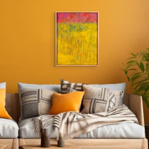 "Horizon #2" by Steven McHugh  Image: Room view of  "Horizon #2" by Steven McHugh, a mesmerizing abstract landscape that will add a dynamic touch to your art collection. This stunning piece features a vibrant combination of bold yellows and contrasting reds, creating a dramatic portrayal of the horizon. The use of crayon and mixed media on wood panel adds an intriguing texture to the artwork, while the gallery floating frame provides a sleek and modern presentation. Measuring at 20" x 16", this captivating painting is perfect for adding a bold statement to any room in your home or office. "Horizon #2" is a must-have for art enthusiasts looking for a unique and expressive addition to their collection.

This artwork showcases an abstract landscape with vibrant colors. The bottom two-thirds of the piece are dominated by a vivid yellow hue, which is interspersed with vertical streaks of green and hints of blue, suggesting a field of tall grass or vegetation. The upper portion transitions into a rich pink and red gradient sky, adding depth and contrast to the composition. The dynamic brushstrokes and bold use of color create a sense of movement and energy, evoking a lively and dynamic natural scene.