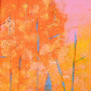 "Contacts #2" by Steven McHugh  Image: Detail view of "Contrasts #2," a captivating abstract landscape by Madeline Island artist Steve McHugh. This stunning piece features contrasting colors of oranges and yellows, with bold vertical tree shapes in blues, set against a backdrop of a soft, pink sky. Measuring 20" x 16", this oil and cold wax painting on wood panel is expertly framed in a gallery floating frame in natural wood, adding a touch of elegance to the artwork. With its vibrant hues and intriguing composition, "Contrasts #2" is a striking addition to any art collection and is sure to captivate and inspire viewers.

This artwork is a vibrant abstract painting that utilizes a rich palette of warm oranges and yellows, interspersed with striking blue accents. The canvas is filled with vertical and angled strokes, creating a dynamic and energetic composition. The backdrop transitions from a bright pink at the top, blending seamlessly into the orange and yellow hues below, adding depth and contrast. The blue strokes cut through the warm tones, adding a sense of movement and focal points across the canvas. The overall effect is both visually stimulating and harmonious.

Sales tax and shipping costs are added in after purchase.