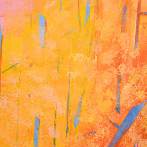 "Contacts #2" by Steven McHugh  Image: Detail  view of "Contrasts #2," a captivating abstract landscape by Madeline Island artist Steve McHugh. This stunning piece features contrasting colors of oranges and yellows, with bold vertical tree shapes in blues, set against a backdrop of a soft, pink sky. Measuring 20" x 16", this oil and cold wax painting on wood panel is expertly framed in a gallery floating frame in natural wood, adding a touch of elegance to the artwork. With its vibrant hues and intriguing composition, "Contrasts #2" is a striking addition to any art collection and is sure to captivate and inspire viewers.

This artwork is a vibrant abstract painting that utilizes a rich palette of warm oranges and yellows, interspersed with striking blue accents. The canvas is filled with vertical and angled strokes, creating a dynamic and energetic composition. The backdrop transitions from a bright pink at the top, blending seamlessly into the orange and yellow hues below, adding depth and contrast. The blue strokes cut through the warm tones, adding a sense of movement and focal points across the canvas. The overall effect is both visually stimulating and harmonious.

Sales tax and shipping costs are added in after purchase.