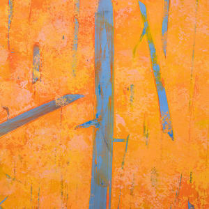 "Contacts #2" by Steven McHugh  Image: Detail  view of "Contrasts #2," a captivating abstract landscape by Madeline Island artist Steve McHugh. This stunning piece features contrasting colors of oranges and yellows, with bold vertical tree shapes in blues, set against a backdrop of a soft, pink sky. Measuring 20" x 16", this oil and cold wax painting on wood panel is expertly framed in a gallery floating frame in natural wood, adding a touch of elegance to the artwork. With its vibrant hues and intriguing composition, "Contrasts #2" is a striking addition to any art collection and is sure to captivate and inspire viewers.

This artwork is a vibrant abstract painting that utilizes a rich palette of warm oranges and yellows, interspersed with striking blue accents. The canvas is filled with vertical and angled strokes, creating a dynamic and energetic composition. The backdrop transitions from a bright pink at the top, blending seamlessly into the orange and yellow hues below, adding depth and contrast. The blue strokes cut through the warm tones, adding a sense of movement and focal points across the canvas. The overall effect is both visually stimulating and harmonious.

Sales tax and shipping costs are added in after purchase.