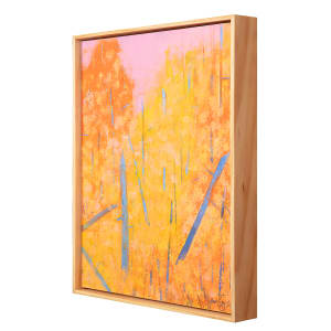 "Contacts #2" by Steven McHugh  Image: Side  view of "Contrasts #2," a captivating abstract landscape by Madeline Island artist Steve McHugh. This stunning piece features contrasting colors of oranges and yellows, with bold vertical tree shapes in blues, set against a backdrop of a soft, pink sky. Measuring 20" x 16", this oil and cold wax painting on wood panel is expertly framed in a gallery floating frame in natural wood, adding a touch of elegance to the artwork. With its vibrant hues and intriguing composition, "Contrasts #2" is a striking addition to any art collection and is sure to captivate and inspire viewers.

This artwork is a vibrant abstract painting that utilizes a rich palette of warm oranges and yellows, interspersed with striking blue accents. The canvas is filled with vertical and angled strokes, creating a dynamic and energetic composition. The backdrop transitions from a bright pink at the top, blending seamlessly into the orange and yellow hues below, adding depth and contrast. The blue strokes cut through the warm tones, adding a sense of movement and focal points across the canvas. The overall effect is both visually stimulating and harmonious.

Sales tax and shipping costs are added in after purchase.