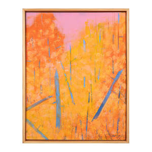 "Contacts #2" by Steven McHugh  Image: Introducing "Contrasts #2," a captivating abstract landscape by Madeline Island artist Steve McHugh. This stunning piece features contrasting colors of oranges and yellows, with bold vertical tree shapes in blues, set against a backdrop of a soft, pink sky. Measuring 20" x 16", this oil and cold wax painting on wood panel is expertly framed in a gallery floating frame in natural wood, adding a touch of elegance to the artwork. With its vibrant hues and intriguing composition, "Contrasts #2" is a striking addition to any art collection and is sure to captivate and inspire viewers.

This artwork is a vibrant abstract painting that utilizes a rich palette of warm oranges and yellows, interspersed with striking blue accents. The canvas is filled with vertical and angled strokes, creating a dynamic and energetic composition. The backdrop transitions from a bright pink at the top, blending seamlessly into the orange and yellow hues below, adding depth and contrast. The blue strokes cut through the warm tones, adding a sense of movement and focal points across the canvas. The overall effect is both visually stimulating and harmonious.

Sales tax and shipping costs are added in after purchase.