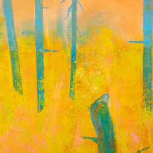 "Natural Forms" by Steven McHugh  Image: Detail view of "Natural Forms," by  artist Steve McHugh, a stunning abstract landscape painting that captures the unique beauty of Madeline Island. This breathtaking piece is crafted with oil and cold wax on a wood panel, meticulously measuring 20" x 16" and framed in a gallery floating frame with a natural wood finish. The warm lower portion of the landscape is adorned with vibrant yellows and oranges, juxtaposed with vertical tree forms in shades of greens and blues, all beneath an enchanting orange sky. "Natural Forms" is a striking addition to any art collection, evoking a sense of tranquility and serenity. Don't miss the opportunity to bring this captivating piece into your home today.

The artwork is a vibrant abstract painting dominated by warm shades of yellow and orange, interspersed with vertical blue-green forms. The background features a gradient of soft orange, transitioning into lighter tones towards the top. The blue-green forms are tall, thin trees and abstract shapes, standing vertically and varying in size and width. Some of these forms have branch-like extensions, adding an organic, nature-inspired element to the composition. The overall effect is dynamic and energetic, with a striking contrast between the warm background and the cool, prominent vertical shapes.

Sales tax and shipping costs will be added after sale and location is established.