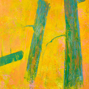 "Natural Forms" by Steven McHugh  Image: Detail view of "Natural Forms," by  artist Steve McHugh, a stunning abstract landscape painting that captures the unique beauty of Madeline Island. This breathtaking piece is crafted with oil and cold wax on a wood panel, meticulously measuring 20" x 16" and framed in a gallery floating frame with a natural wood finish. The warm lower portion of the landscape is adorned with vibrant yellows and oranges, juxtaposed with vertical tree forms in shades of greens and blues, all beneath an enchanting orange sky. "Natural Forms" is a striking addition to any art collection, evoking a sense of tranquility and serenity. Don't miss the opportunity to bring this captivating piece into your home today.

The artwork is a vibrant abstract painting dominated by warm shades of yellow and orange, interspersed with vertical blue-green forms. The background features a gradient of soft orange, transitioning into lighter tones towards the top. The blue-green forms are tall, thin trees and abstract shapes, standing vertically and varying in size and width. Some of these forms have branch-like extensions, adding an organic, nature-inspired element to the composition. The overall effect is dynamic and energetic, with a striking contrast between the warm background and the cool, prominent vertical shapes.

Sales tax and shipping costs will be added after sale and location is established.