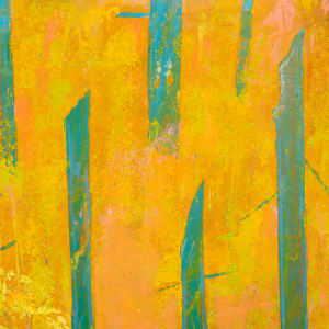 "Natural Forms" by Steven McHugh  Image: Detail view of "Natural Forms," by  artist Steve McHugh, a stunning abstract landscape painting that captures the unique beauty of Madeline Island. This breathtaking piece is crafted with oil and cold wax on a wood panel, meticulously measuring 20" x 16" and framed in a gallery floating frame with a natural wood finish. The warm lower portion of the landscape is adorned with vibrant yellows and oranges, juxtaposed with vertical tree forms in shades of greens and blues, all beneath an enchanting orange sky. "Natural Forms" is a striking addition to any art collection, evoking a sense of tranquility and serenity. Don't miss the opportunity to bring this captivating piece into your home today.

The artwork is a vibrant abstract painting dominated by warm shades of yellow and orange, interspersed with vertical blue-green forms. The background features a gradient of soft orange, transitioning into lighter tones towards the top. The blue-green forms are tall, thin trees and abstract shapes, standing vertically and varying in size and width. Some of these forms have branch-like extensions, adding an organic, nature-inspired element to the composition. The overall effect is dynamic and energetic, with a striking contrast between the warm background and the cool, prominent vertical shapes.

Sales tax and shipping costs will be added after sale and location is established.