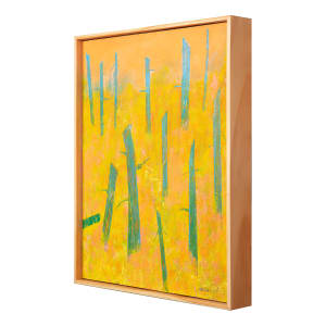 "Natural Forms" by Steven McHugh  Image: Side view of "Natural Forms" by  artist Steve McHugh, a stunning abstract landscape painting that captures the unique beauty of Madeline Island. This breathtaking piece is crafted with oil and cold wax on a wood panel, meticulously measuring 20" x 16" and framed in a gallery floating frame with a natural wood finish. The warm lower portion of the landscape is adorned with vibrant yellows and oranges, juxtaposed with vertical tree forms in shades of greens and blues, all beneath an enchanting orange sky. "Natural Forms" is a striking addition to any art collection, evoking a sense of tranquility and serenity. Don't miss the opportunity to bring this captivating piece into your home today.

The artwork is a vibrant abstract painting dominated by warm shades of yellow and orange, interspersed with vertical blue-green forms. The background features a gradient of soft orange, transitioning into lighter tones towards the top. The blue-green forms are tall, thin trees and abstract shapes, standing vertically and varying in size and width. Some of these forms have branch-like extensions, adding an organic, nature-inspired element to the composition. The overall effect is dynamic and energetic, with a striking contrast between the warm background and the cool, prominent vertical shapes.

Sales tax and shipping costs will be added after sale and location is established.