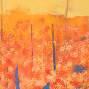 "Off The Edge" by Steven McHugh  Image: Detail view of "Off The Edge," a stunning abstract landscape painting by Madeline Island artist, Steve McHugh. This captivating piece is created with oil and cold wax on wood panel, measuring 22" x 30". The complex composition features a striking contrast of colors, with a vibrant yellow sky meeting a range of orange, yellow, and red foliage, set against contrasting blue vertical tree trunks. This dynamic and visually engaging artwork is sure to make a statement in any art collection or living space. "Off The Edge" is a true testament to McHugh's mastery of color and form, showcasing the artist's unique perspective on nature and the world around us.

The artwork is a vibrant and abstract painting useing a warm color palette dominated by shades of yellow, orange, and red. These colors form a dense background with a texture that represents foliage,  an abstract landscape. Interspersed within this warm background are prominent vertical elements in bright blue, creating a striking contrast. The blue shapes are irregular and vary in size, adding depth and dynamism to the composition. The overall effect is energetic and evocative, blending warm, earthy tones with cool, striking hues.

Sales tax and shipping will be established after destination is established.