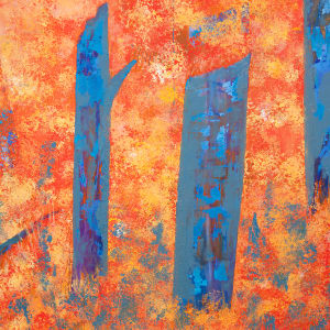 "Off The Edge" by Steven McHugh  Image: Detail view of "Off The Edge," a stunning abstract landscape painting by Madeline Island artist, Steve McHugh. This captivating piece is created with oil and cold wax on wood panel, measuring 22" x 30". The complex composition features a striking contrast of colors, with a vibrant yellow sky meeting a range of orange, yellow, and red foliage, set against contrasting blue vertical tree trunks. This dynamic and visually engaging artwork is sure to make a statement in any art collection or living space. "Off The Edge" is a true testament to McHugh's mastery of color and form, showcasing the artist's unique perspective on nature and the world around us.

The artwork is a vibrant and abstract painting useing a warm color palette dominated by shades of yellow, orange, and red. These colors form a dense background with a texture that represents foliage,  an abstract landscape. Interspersed within this warm background are prominent vertical elements in bright blue, creating a striking contrast. The blue shapes are irregular and vary in size, adding depth and dynamism to the composition. The overall effect is energetic and evocative, blending warm, earthy tones with cool, striking hues.

Sales tax and shipping will be established after destination is established.