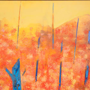 "Off The Edge" by Steven McHugh  Image: Detail view of "Off The Edge," a stunning abstract landscape painting by Madeline Island artist, Steve McHugh. This captivating piece is created with oil and cold wax on wood panel, measuring 22" x 30". The complex composition features a striking contrast of colors, with a vibrant yellow sky meeting a range of orange, yellow, and red foliage, set against contrasting blue vertical tree trunks. This dynamic and visually engaging artwork is sure to make a statement in any art collection or living space. "Off The Edge" is a true testament to McHugh's mastery of color and form, showcasing the artist's unique perspective on nature and the world around us.

The artwork is a vibrant and abstract painting useing a warm color palette dominated by shades of yellow, orange, and red. These colors form a dense background with a texture that represents foliage,  an abstract landscape. Interspersed within this warm background are prominent vertical elements in bright blue, creating a striking contrast. The blue shapes are irregular and vary in size, adding depth and dynamism to the composition. The overall effect is energetic and evocative, blending warm, earthy tones with cool, striking hues.

Sales tax and shipping will be established after destination is established.