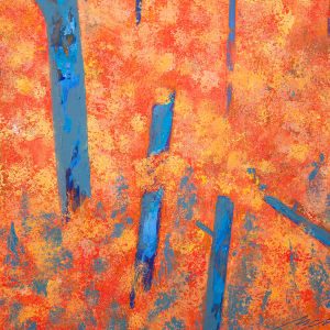 "Off The Edge" by Steven McHugh  Image: Detail view of "Off The Edge," a stunning abstract landscape painting by Madeline Island artist, Steve McHugh. This captivating piece is created with oil and cold wax on wood panel, measuring 22" x 30". The complex composition features a striking contrast of colors, with a vibrant yellow sky meeting a range of orange, yellow, and red foliage, set against contrasting blue vertical tree trunks. This dynamic and visually engaging artwork is sure to make a statement in any art collection or living space. "Off The Edge" is a true testament to McHugh's mastery of color and form, showcasing the artist's unique perspective on nature and the world around us.

The artwork is a vibrant and abstract painting useing a warm color palette dominated by shades of yellow, orange, and red. These colors form a dense background with a texture that represents foliage,  an abstract landscape. Interspersed within this warm background are prominent vertical elements in bright blue, creating a striking contrast. The blue shapes are irregular and vary in size, adding depth and dynamism to the composition. The overall effect is energetic and evocative, blending warm, earthy tones with cool, striking hues.

Sales tax and shipping will be established after destination is established.