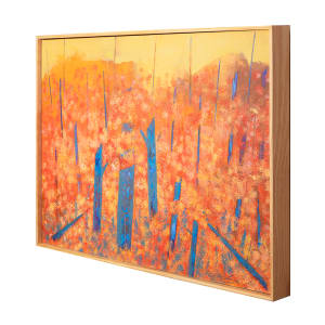 "Off The Edge" by Steven McHugh  Image: Side view of "Off The Edge," a stunning abstract landscape painting by Madeline Island artist, Steve McHugh. This captivating piece is created with oil and cold wax on wood panel, measuring 22" x 30". The complex composition features a striking contrast of colors, with a vibrant yellow sky meeting a range of orange, yellow, and red foliage, set against contrasting blue vertical tree trunks. This dynamic and visually engaging artwork is sure to make a statement in any art collection or living space. "Off The Edge" is a true testament to McHugh's mastery of color and form, showcasing the artist's unique perspective on nature and the world around us.

The artwork is a vibrant and abstract painting useing a warm color palette dominated by shades of yellow, orange, and red. These colors form a dense background with a texture that represents foliage,  an abstract landscape. Interspersed within this warm background are prominent vertical elements in bright blue, creating a striking contrast. The blue shapes are irregular and vary in size, adding depth and dynamism to the composition. The overall effect is energetic and evocative, blending warm, earthy tones with cool, striking hues.

Sales tax and shipping will be established after destination is established.