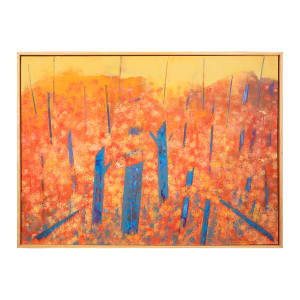 "Off The Edge" by Steven McHugh  Image: "Off The Edge," a stunning abstract landscape painting by Madeline Island artist, Steve McHugh. This captivating piece is created with oil and cold wax on wood panel, measuring 22" x 30". The complex composition features a striking contrast of colors, with a vibrant yellow sky meeting a range of orange, yellow, and red foliage, set against contrasting blue vertical tree trunks. This dynamic and visually engaging artwork is sure to make a statement in any art collection or living space. "Off The Edge" is a true testament to McHugh's mastery of color and form, showcasing the artist's unique perspective on nature and the world around us.

The artwork is a vibrant and abstract painting useing a warm color palette dominated by shades of yellow, orange, and red. These colors form a dense background with a texture that represents foliage,  an abstract landscape. Interspersed within this warm background are prominent vertical elements in bright blue, creating a striking contrast. The blue shapes are irregular and vary in size, adding depth and dynamism to the composition. The overall effect is energetic and evocative, blending warm, earthy tones with cool, striking hues.

Sales tax and shipping will be established after destination is established.
