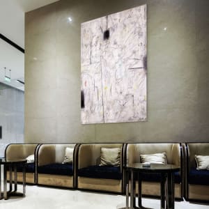 "STILL BREATHING" by Steven McHugh  Image: Room view of "Still Breathing,"  a captivating piece of abstract expressionist art that demands attention with its bold colors and textures. The underpainting showcases a variety of hues and textures, creating an intriguing base for the black blocks and dynamic mark making throughout the canvas. This large, 60" x 48" mixed media piece is a striking addition to any art collection, with white overtones that are enhanced by the addition of crayon, graphite, and charcoal marks. Each viewing of "Still Breathing" offers a new discovery, making it an ideal focal point for any space.

This abstract expressionist painting dominated by a white background with an array of lines and sporadic shapes. The piece features several black patches and scribbles in different directions, creating a dynamic and somewhat chaotic composition. There are subtle hints of other colors, such as yellow, green, and red, interspersed throughout the painting, contributing to a sense of depth and complexity. The overall effect is energetic and evokes a sense of spontaneity and movement.

Shipping and sales tax will be calulated after purchase.