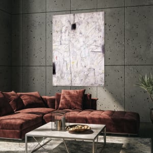 "STILL BREATHING" by Steven McHugh  Image: Room view of "Still Breathing,"  a captivating piece of abstract expressionist art that demands attention with its bold colors and textures. The underpainting showcases a variety of hues and textures, creating an intriguing base for the black blocks and dynamic mark making throughout the canvas. This large, 60" x 48" mixed media piece is a striking addition to any art collection, with white overtones that are enhanced by the addition of crayon, graphite, and charcoal marks. Each viewing of "Still Breathing" offers a new discovery, making it an ideal focal point for any space.

This abstract expressionist painting dominated by a white background with an array of lines and sporadic shapes. The piece features several black patches and scribbles in different directions, creating a dynamic and somewhat chaotic composition. There are subtle hints of other colors, such as yellow, green, and red, interspersed throughout the painting, contributing to a sense of depth and complexity. The overall effect is energetic and evokes a sense of spontaneity and movement.

Shipping and sales tax will be calulated after purchase.