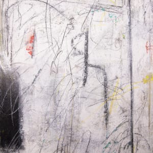 "STILL BREATHING" by Steven McHugh  Image: Detail view of "Still Breathing,"  a captivating piece of abstract expressionist art that demands attention with its bold colors and textures. The underpainting showcases a variety of hues and textures, creating an intriguing base for the black blocks and dynamic mark making throughout the canvas. This large, 60" x 48" mixed media piece is a striking addition to any art collection, with white overtones that are enhanced by the addition of crayon, graphite, and charcoal marks. Each viewing of "Still Breathing" offers a new discovery, making it an ideal focal point for any space.

This abstract expressionist painting dominated by a white background with an array of lines and sporadic shapes. The piece features several black patches and scribbles in different directions, creating a dynamic and somewhat chaotic composition. There are subtle hints of other colors, such as yellow, green, and red, interspersed throughout the painting, contributing to a sense of depth and complexity. The overall effect is energetic and evokes a sense of spontaneity and movement.

Shipping and sales tax will be calulated after purchase.