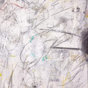 "STILL BREATHING" by Steven McHugh  Image: Detail view of "Still Breathing,"  a captivating piece of abstract expressionist art that demands attention with its bold colors and textures. The underpainting showcases a variety of hues and textures, creating an intriguing base for the black blocks and dynamic mark making throughout the canvas. This large, 60" x 48" mixed media piece is a striking addition to any art collection, with white overtones that are enhanced by the addition of crayon, graphite, and charcoal marks. Each viewing of "Still Breathing" offers a new discovery, making it an ideal focal point for any space.

This abstract expressionist painting dominated by a white background with an array of lines and sporadic shapes. The piece features several black patches and scribbles in different directions, creating a dynamic and somewhat chaotic composition. There are subtle hints of other colors, such as yellow, green, and red, interspersed throughout the painting, contributing to a sense of depth and complexity. The overall effect is energetic and evokes a sense of spontaneity and movement.

Shipping and sales tax will be calulated after purchase.