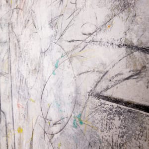 "STILL BREATHING" by Steven McHugh  Image: Detail view of "Still Breathing,"  a captivating piece of abstract expressionist art that demands attention with its bold colors and textures. The underpainting showcases a variety of hues and textures, creating an intriguing base for the black blocks and dynamic mark making throughout the canvas. This large, 60" x 48" mixed media piece is a striking addition to any art collection, with white overtones that are enhanced by the addition of crayon, graphite, and charcoal marks. Each viewing of "Still Breathing" offers a new discovery, making it an ideal focal point for any space.

This abstract expressionist painting dominated by a white background with an array of lines and sporadic shapes. The piece features several black patches and scribbles in different directions, creating a dynamic and somewhat chaotic composition. There are subtle hints of other colors, such as yellow, green, and red, interspersed throughout the painting, contributing to a sense of depth and complexity. The overall effect is energetic and evokes a sense of spontaneity and movement.

Shipping and sales tax will be calulated after purchase.