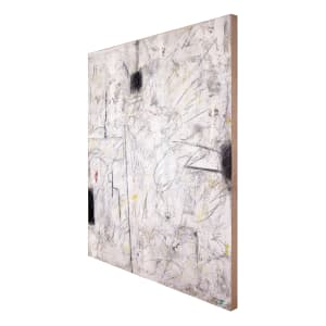 "STILL BREATHING" by Steven McHugh  Image: Side view of "Still Breathing,"  a captivating piece of abstract expressionist art that demands attention with its bold colors and textures. The underpainting showcases a variety of hues and textures, creating an intriguing base for the black blocks and dynamic mark making throughout the canvas. This large, 60" x 48" mixed media piece is a striking addition to any art collection, with white overtones that are enhanced by the addition of crayon, graphite, and charcoal marks. Each viewing of "Still Breathing" offers a new discovery, making it an ideal focal point for any space.

This abstract expressionist painting dominated by a white background with an array of lines and sporadic shapes. The piece features several black patches and scribbles in different directions, creating a dynamic and somewhat chaotic composition. There are subtle hints of other colors, such as yellow, green, and red, interspersed throughout the painting, contributing to a sense of depth and complexity. The overall effect is energetic and evokes a sense of spontaneity and movement.

Shipping and sales tax will be calulated after purchase.