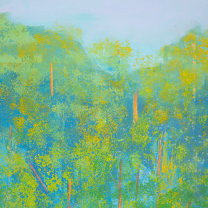 "North Shore" by Steven McHugh  Image: Detail view of" North Shore". Add a touch of natural beauty to your living space with "North Shore" by Madeline Island artist Steve McHugh. This original oil and cold wax painting on wood panel captures the serene and peaceful atmosphere of the North Shore landscape. The warm tones of the orange/red tree trunks juxtaposed with the cool blue/green and yellow foliage create a stunning contrast that will surely captivate any art lover. Measuring 22" x 30", this abstract landscape painting is beautifully framed in a gallery floating frame with a natural wood finish, adding a touch of modern elegance to the piece. Bring a piece of the North Shore into your home with this breathtaking artwork.

This vibrant painting that depicts a lush forest scene. The foreground features tall, thin tree trunks, rendered in bright orange and red hues that contrast sharply against the cooler tones of the background. The foliage is represented using various shades of green and blue, creating a dense and textured canopy. The use of color and the impressionistic style imbue the scene with a sense of depth and vitality, suggesting sunlight filtering through the dense leaves. The overall composition is rich and immersive, drawing the viewer into the heart of the forest.

Sales tax and shipping is caluated after destination is established.