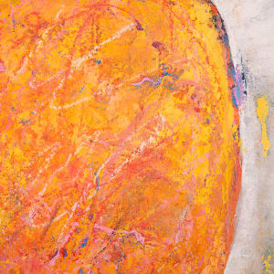 "Heart #2" by Steven McHugh  Image: Detail view, "Heart #2," an original mixed media painting by Madeline Island Painter Steve McHugh. This striking piece features a modeled gray background that perfectly contrasts with a bold heart consisting of textured reds and yellow, accented with playful crayon marks. Measuring at 30" x 22," this unique artwork comes in a simple gallery floating frame, making it ready to hang and display in your home or office. "Heart #2" is a captivating and vibrant addition to any art collection, showcasing McHugh's distinctive style and masterful use of mixed media techniques. Whether you're a seasoned art collector or just starting to explore the world of fine art, this piece is a must-have for anyone who appreciates original, thought-provoking works of art.

This artwork is an abstract depiction of a heart, rendered in vibrant shades of orange and yellow. The heart is textured and appears to have been created using broad, expressive brushstrokes and layered paint, giving it a sense of depth and dynamism. Surrounding the heart is a mottled, muted background in shades of gray and white, which contrasts with the intense colors of the heart, making it the focal point of the piece. The overall composition is simple yet impactful,  with the heart prominently displayed in the center of the panel.

Sales tax and shipping will be established after destination is determined.