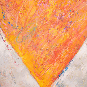"Heart #2" by Steven McHugh  Image: Detail view, "Heart #2," an original mixed media painting by Madeline Island Painter Steve McHugh. This striking piece features a modeled gray background that perfectly contrasts with a bold heart consisting of textured reds and yellow, accented with playful crayon marks. Measuring at 30" x 22," this unique artwork comes in a simple gallery floating frame, making it ready to hang and display in your home or office. "Heart #2" is a captivating and vibrant addition to any art collection, showcasing McHugh's distinctive style and masterful use of mixed media techniques. Whether you're a seasoned art collector or just starting to explore the world of fine art, this piece is a must-have for anyone who appreciates original, thought-provoking works of art.

This artwork is an abstract depiction of a heart, rendered in vibrant shades of orange and yellow. The heart is textured and appears to have been created using broad, expressive brushstrokes and layered paint, giving it a sense of depth and dynamism. Surrounding the heart is a mottled, muted background in shades of gray and white, which contrasts with the intense colors of the heart, making it the focal point of the piece. The overall composition is simple yet impactful,  with the heart prominently displayed in the center of the panel.

Sales tax and shipping will be established after destination is determined.