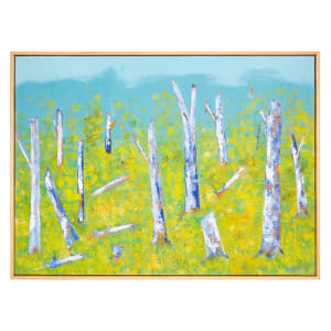 "Where Light Gets In" by Steven McHugh  Image: "Where Light Gets In," an original oil and cold wax abstract landscape painting by Madeline Island artist, Steve McHugh. This stunning piece depicts the breathtaking beauty of spring time on Madeline Island, featuring celery yellow green foliage with vertical blue and white bare trees, inspired by the scenic Black Shanty Road. Measuring 22" x 30", this captivating artwork is beautifully framed in a simple, natural wood gallery floating frame. Embrace the tranquility and peacefulness of this unique piece, which is sure to make a captivating addition to any art collection. Don't miss the opportunity to bring the essence of Madeline Island into your home with "Where Light Gets In."

This artwork vividly portrays a forest landscape dominated by tall, sparsely-leaved trees with predominantly white bark, accentuated with splashes of blue and hints of bright colors. The ground is a lush, vibrant green, interspersed with additional strokes of color, giving a sense of dense foliage or grass. The sky above is a clear, calming blue, blending seamlessly with the upper portions of the trees. The overall composition evokes a sense of tranquility and natural beauty, with the trees standing tall and the vibrant colors creating a dynamic yet harmonious scene.

Sales tax and shipping is determined after destination is decided.
